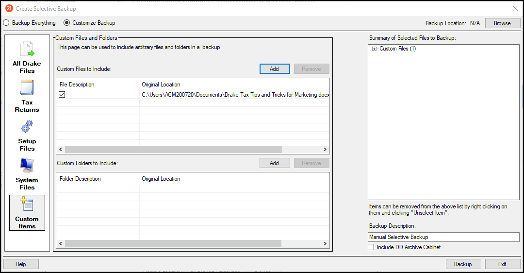 The Customize Backup option is selected on the Create Selective Backup window. Custom Items has been selected in the left-hand menu, displaying options for adding and removing files and folders in the user's customized backup. Another section allows you to choose custom folders to include. The right-hand pane displays a summary of files selected for backup.